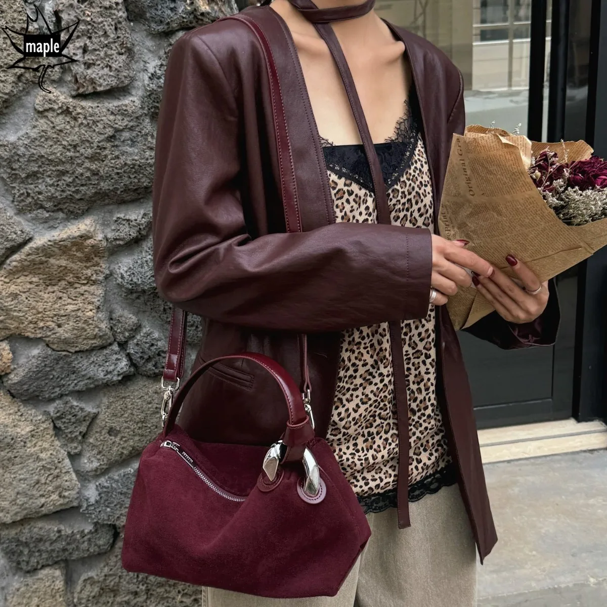 Chic Deep Wine Red Coffee Color Winter Daily-use Tote Luxury First-class Nubuck Leather Women Shoulder Crossbody Bag Chamois