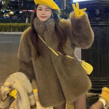 Luxus Winter lange Mäntel Frauen übergroße Revers Faux Fox Pelzmantel Jacke weibliche große Oberbekleidung Plüsch Pelz mäntel
