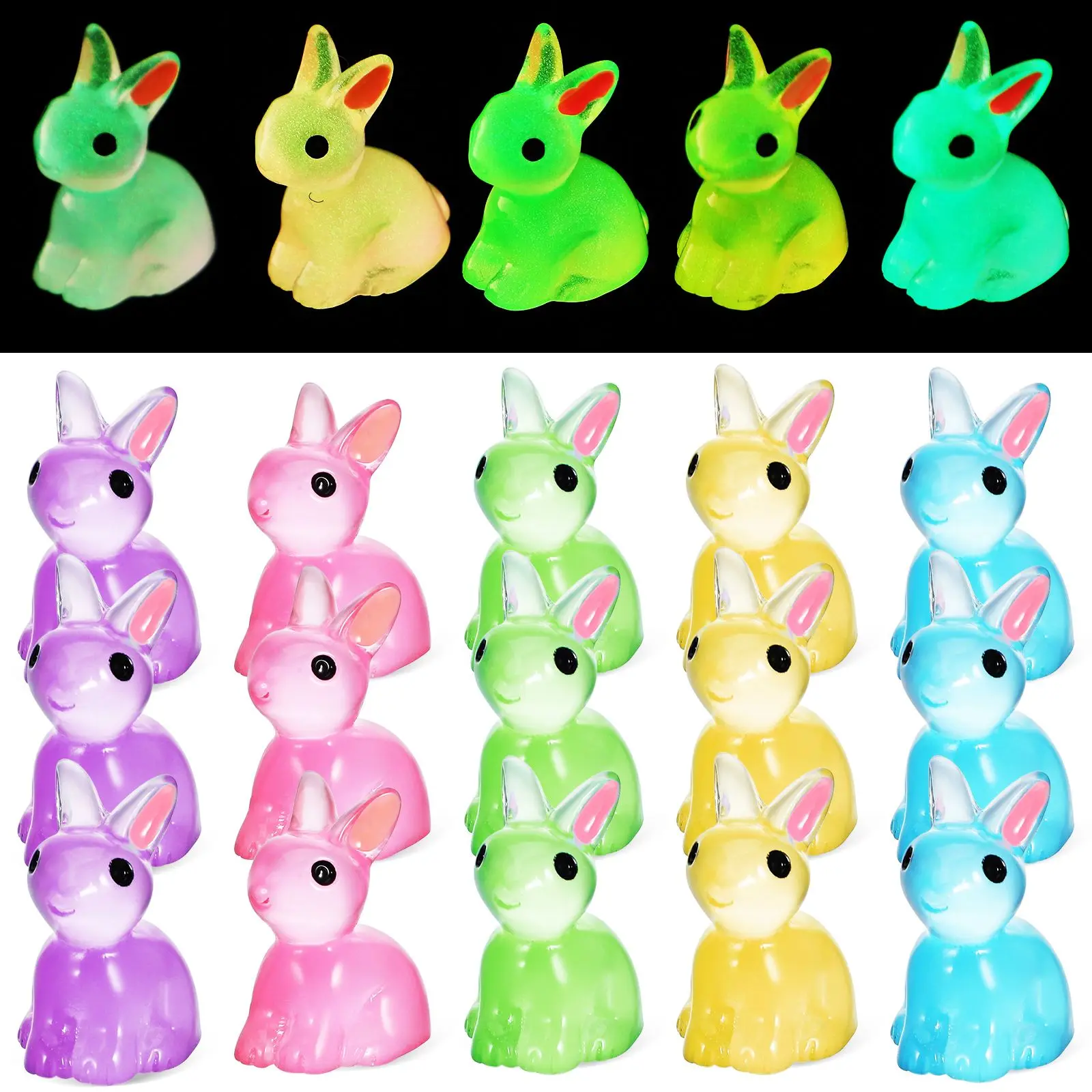 

100 Resin Rabbit Figurines Mini Jewellery Accessories Bright Colors Luminous Effect Glow In Dark Tiny Animals Bonsai Garden