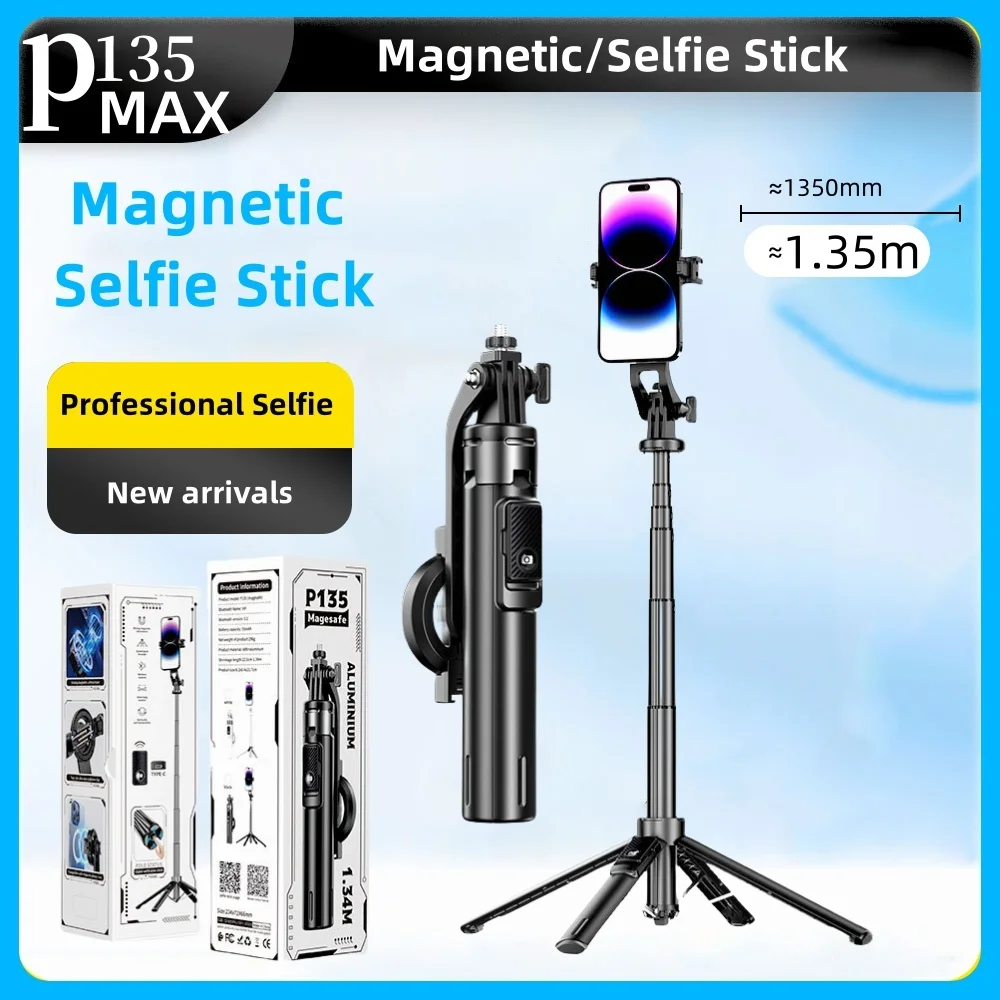 P135 MAX Magsafe Magnetic Selfie Stick Tripod with Magnetic Phone Holder & Detachable Wireless Remote for IPhone & Android