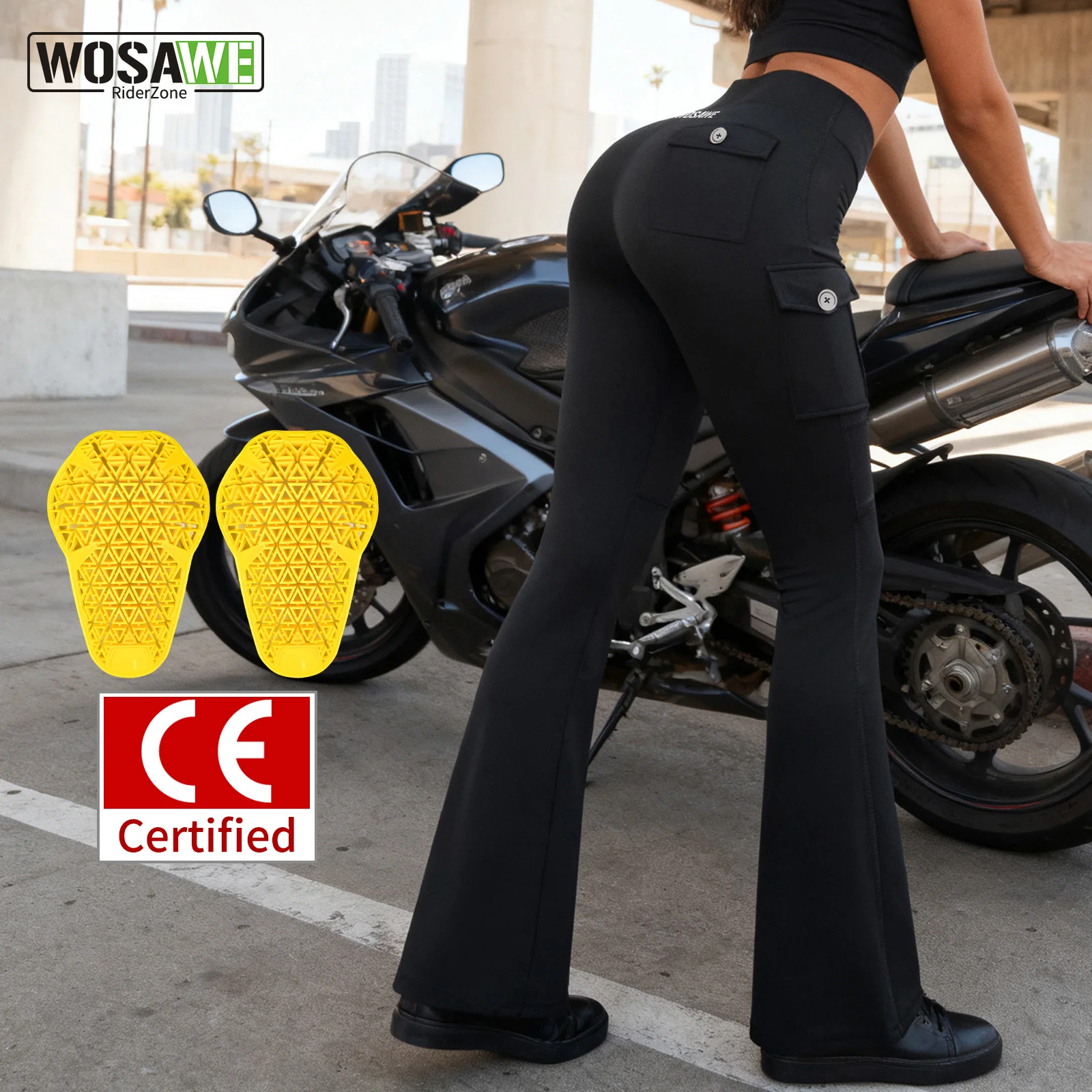 

WOSAWE Women's Motorcycle Flare Pants High Waist Stretch Protective Biker Leggings Reflective Casual Fitness Riding Trousers