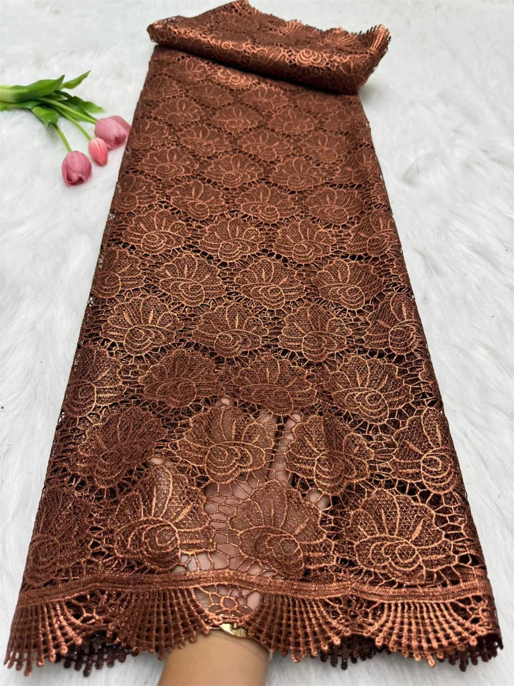 5 ярдов, нигерийский высококачественный оранжевый гипюровый шнур, кружевная ткань, африканская сетка, молочная шелковая вышивка для платьев Hm44-1