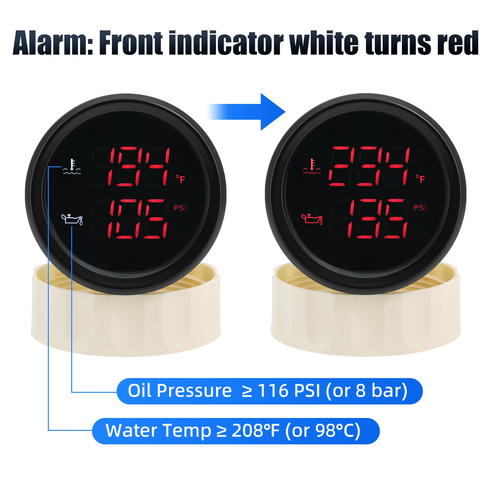 MAIMEIMI Red Green LED Digital Dual Gauge with Alarm 52mm Water Temperature+Oil Pressure Meter 40-120℃,104-248℉ 0-10Bar,0-145PSI