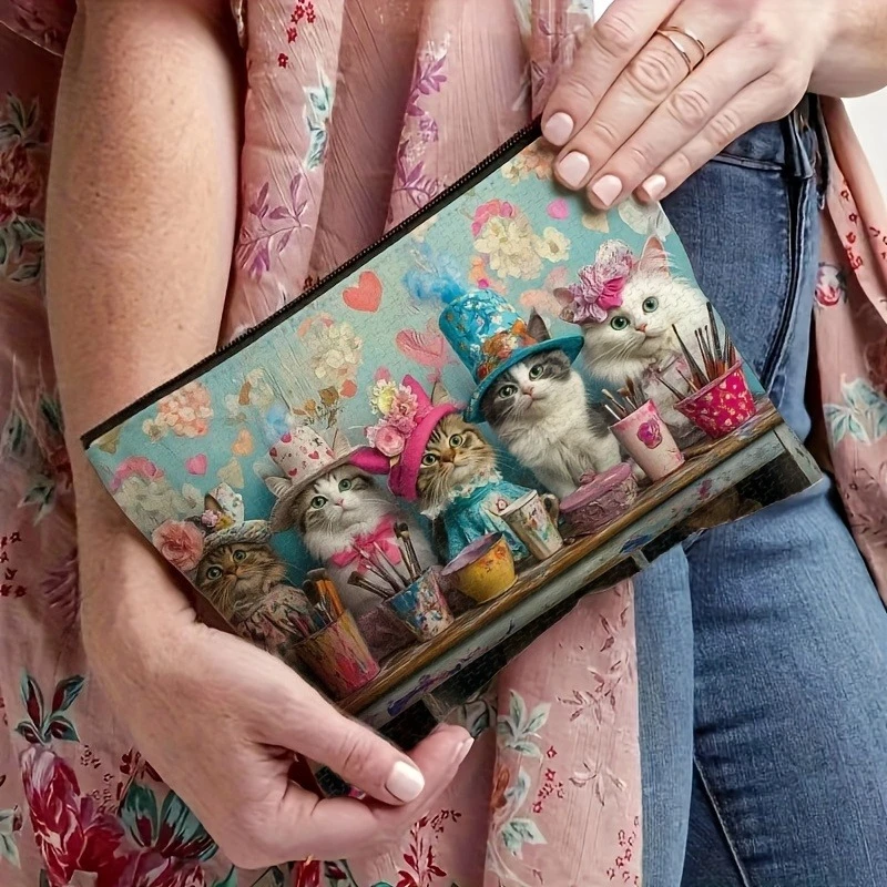 Charmante Aufbewahrungstasche mit Katzenmalerei-Aufdruck, Kulturbeutel, Make-up-Tasche mit skurrilem Katzen-Design in Hüten und Anzügen