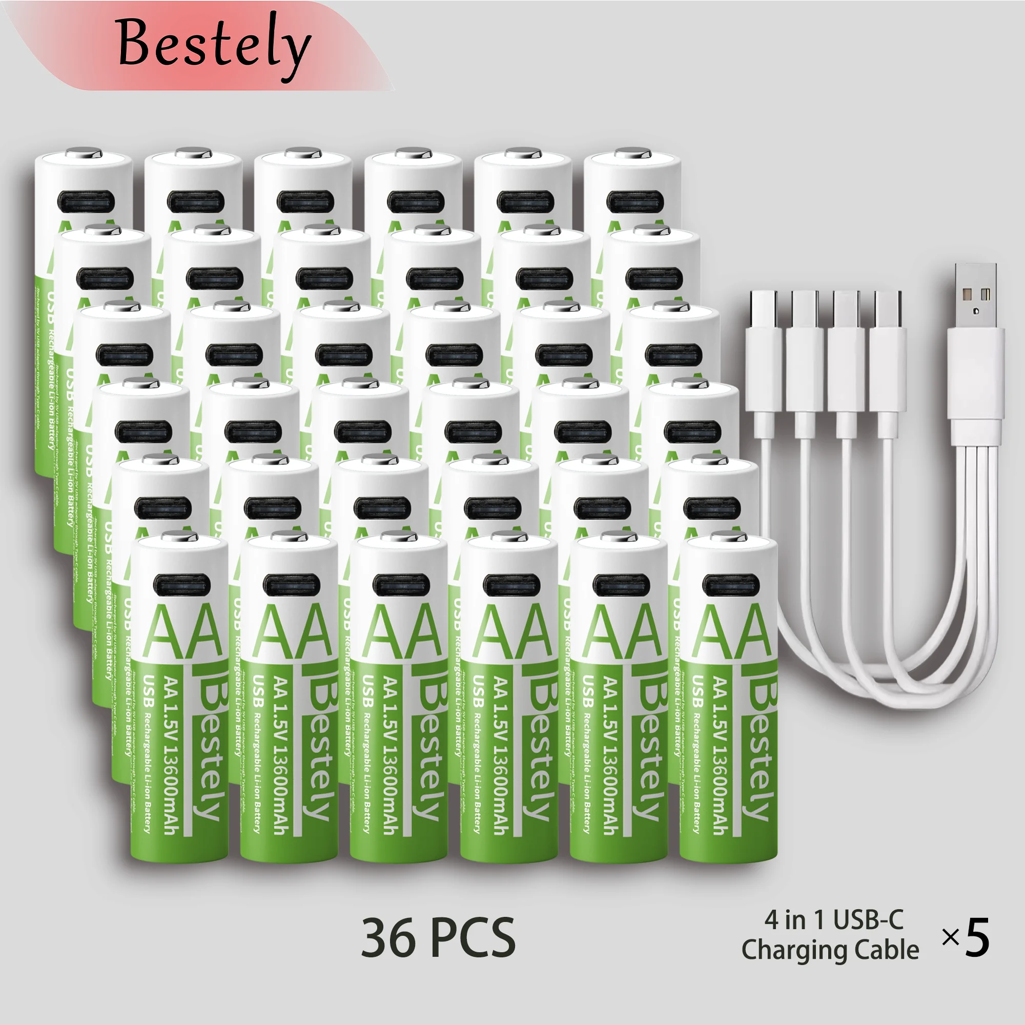 

Bestely AA 1.5V 13600mAh Rechargeable Lithium Battery/Long Lasting/Fast Charging Li-ion Batteries 2000 Cycles with USB-C Cables