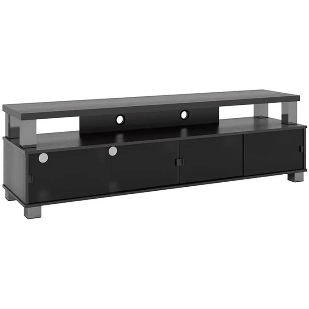 

TV Stand for 80 Inch TV, Entertainment Console with Storage Shelf for Living Room, Tempered Glass Top and Wood, Black