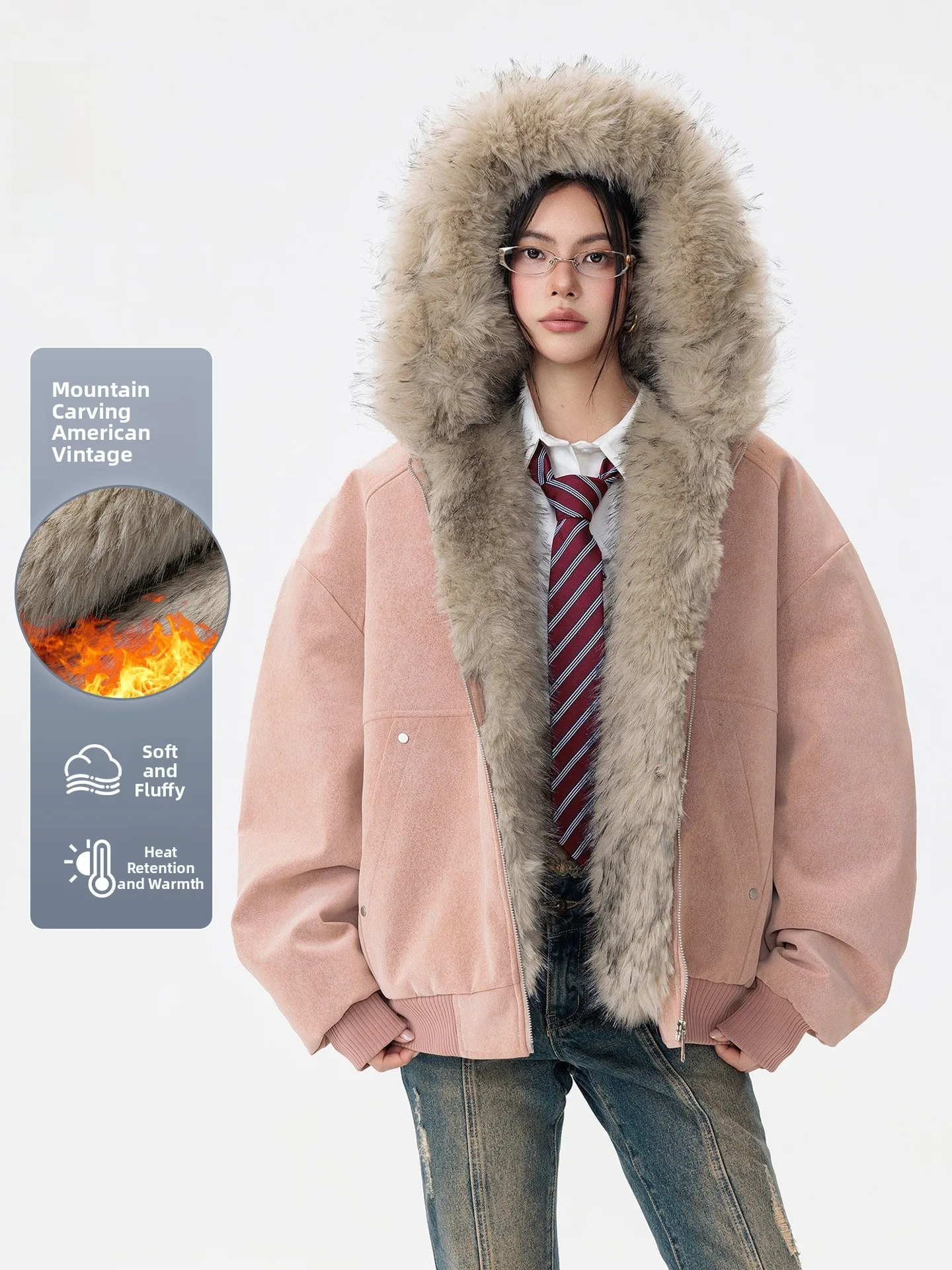 

Rampo Thickened Retro American Style Cotton Jacket for Couples Men's Women's Winter Warm Coat with Fur Collar Loose Fit Zipper