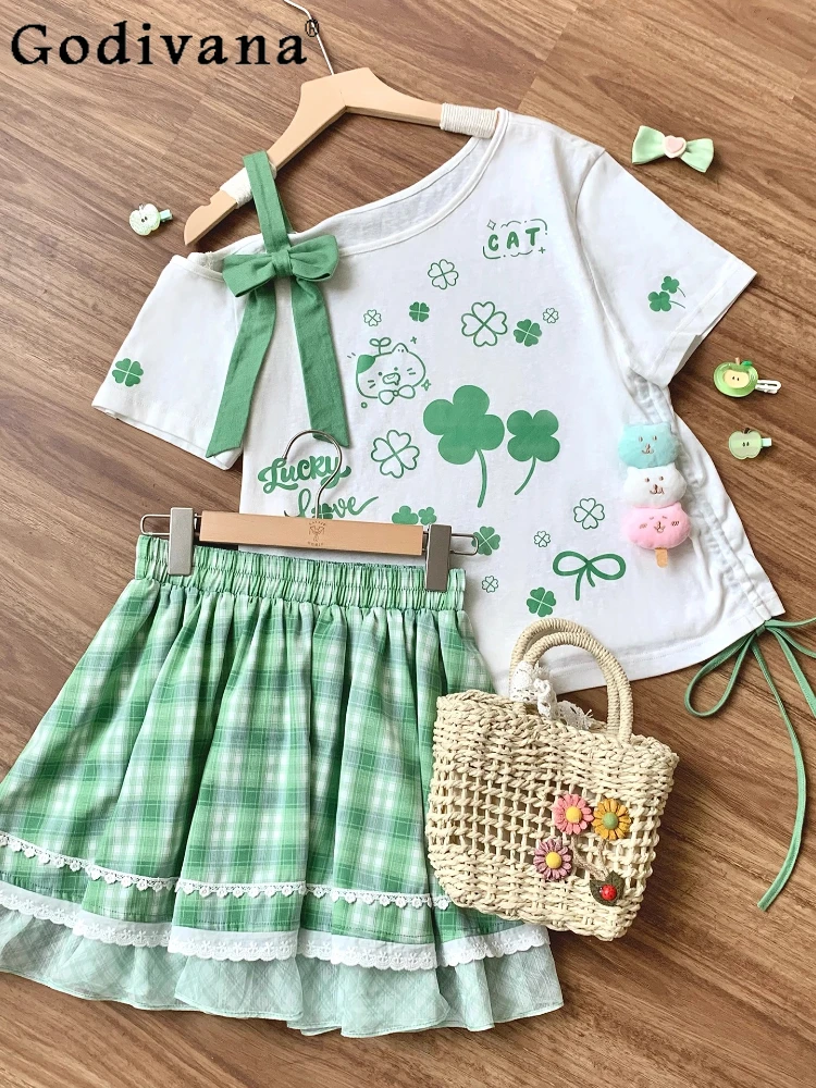 

Original Japanese Kawaii Off-the-shoulder Bow Sling Top Skirt 2-piece Set Girls' Summer New Cute Printed T-shirt Mini Skirt Set