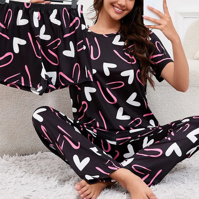 Women\'s Pajama Set Checkered printing Sleepwear Autumn Short Sleeve Tops & Shorts and Long Pants Pajamas 3 Piece Sets Loungewear