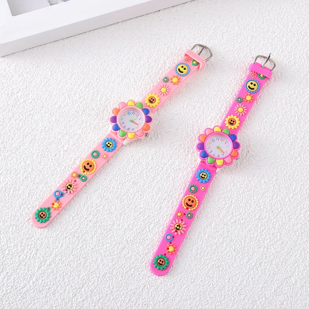 New Colorful Flower Cartoon Watches for Kids Cute Sweet Pink Silicone Strap Quartz Children Wristwatch Girls Watch Gifts