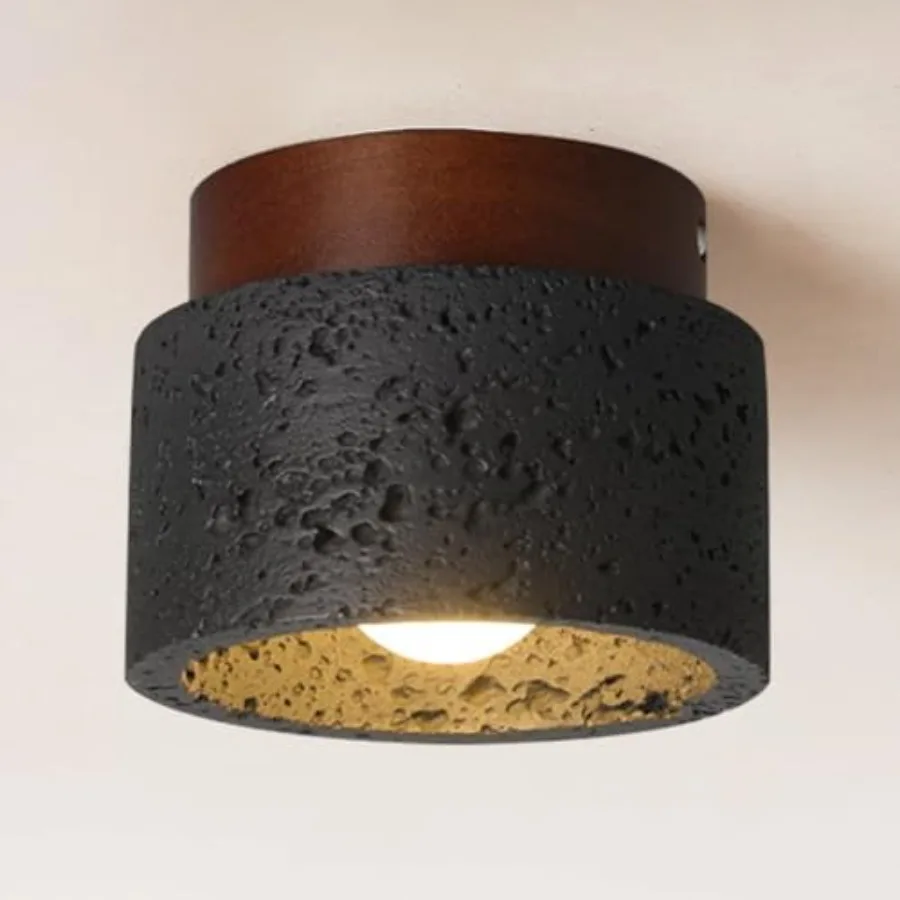 Wabi Sabi Ceiling Lights, ch Japanese Traverte Flush Mount Ceilg Light Fixture Stone Lampshade with Wooden Plate, Mid Century C