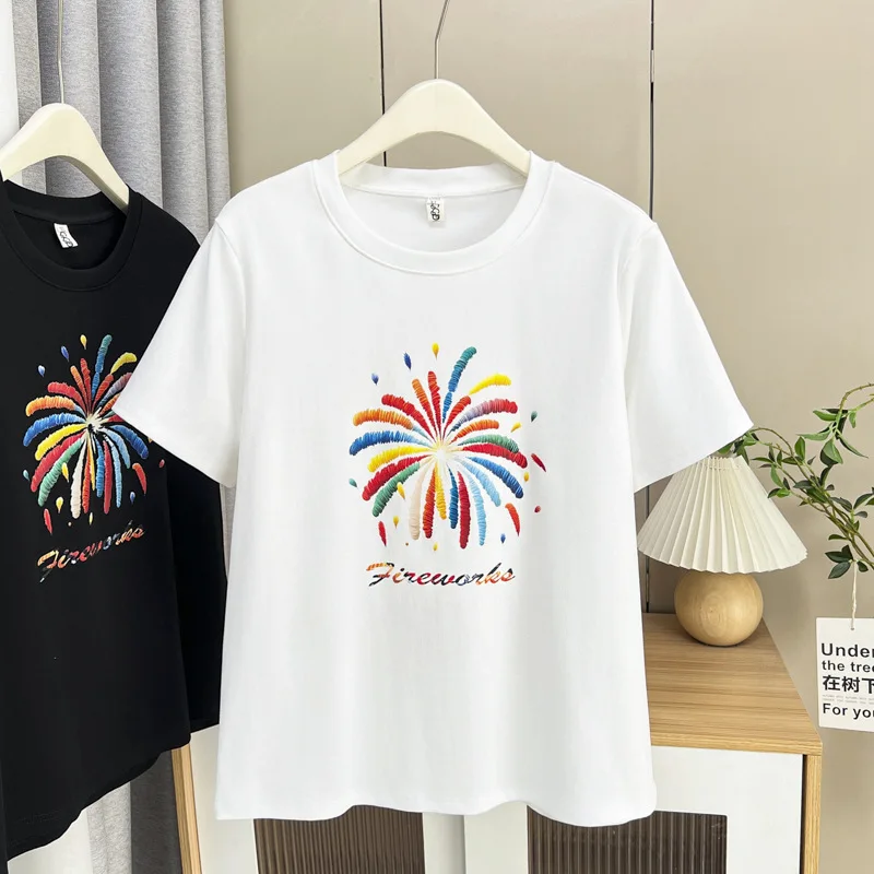 

100kg Summer Plus Size Top New Temperament Small Fresh Fireworks Short Sleeve Tees Casual Women T-shirt 015
