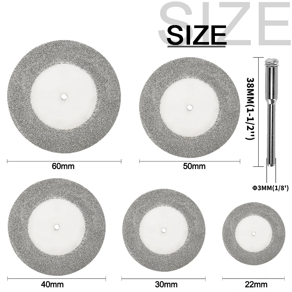 10pcs 22/30/40/50/60mm Diamond Cutting Discs Mini Diamond Saw Blade With 2pcs 3mm Mandrel For Cut off Wood Stone Plastic Glass
