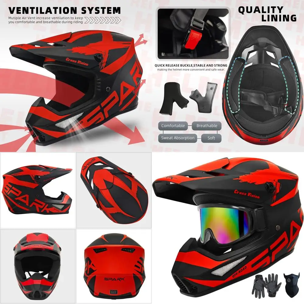 

Youth & Adult Motocross Helmet Set with Gloves, Goggles & Mask - DOT Certified, 4-Piece Red (Small)