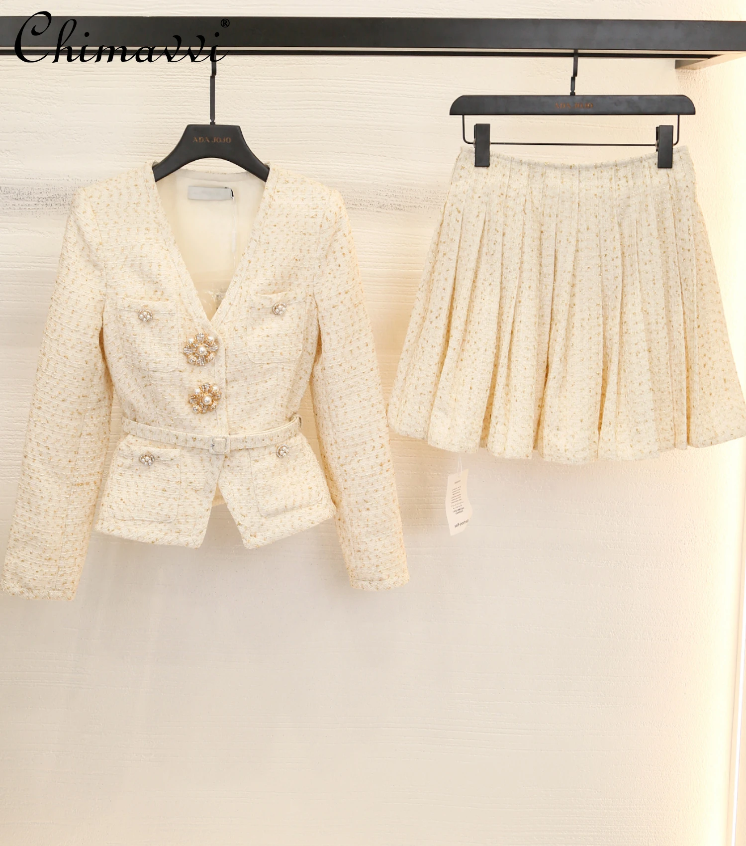 

Office Lady High Waist Skirt Sets Fall Winter V-neck Full Sleeve Crystal Button Short Jacket A- Line Mini Pleated Skirt Women