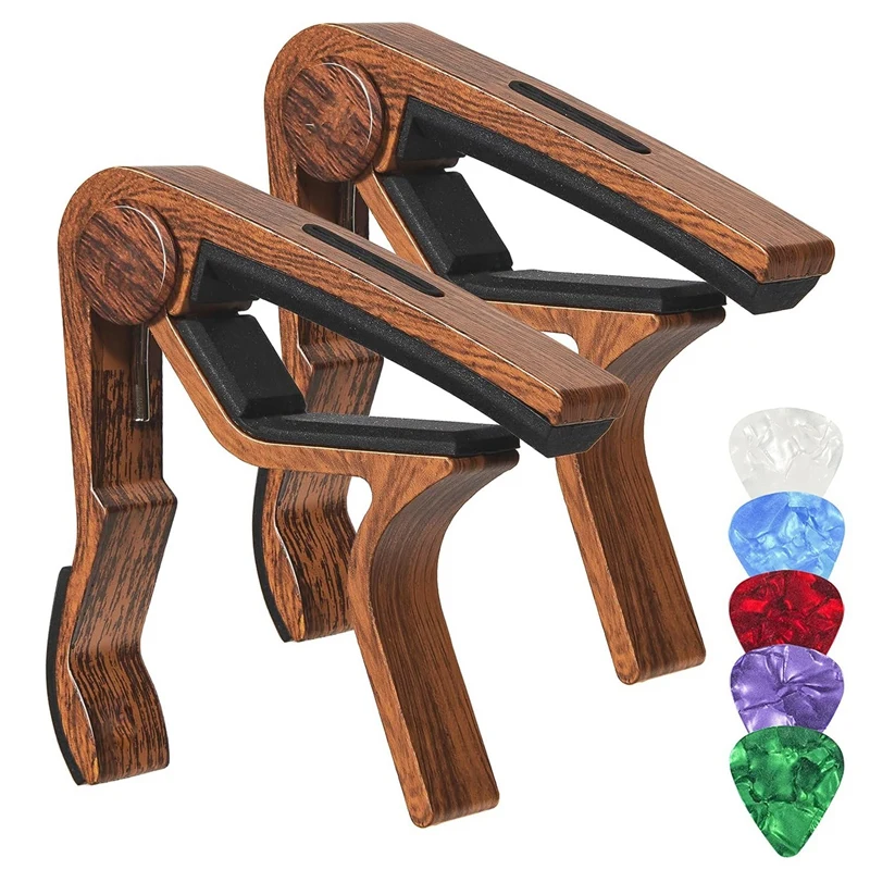 2 Piece Electric Guitar Capo Wood Grain Capo + 5 Picks (With Pick Slot) Wood Color Aluminum Alloy + Rubber