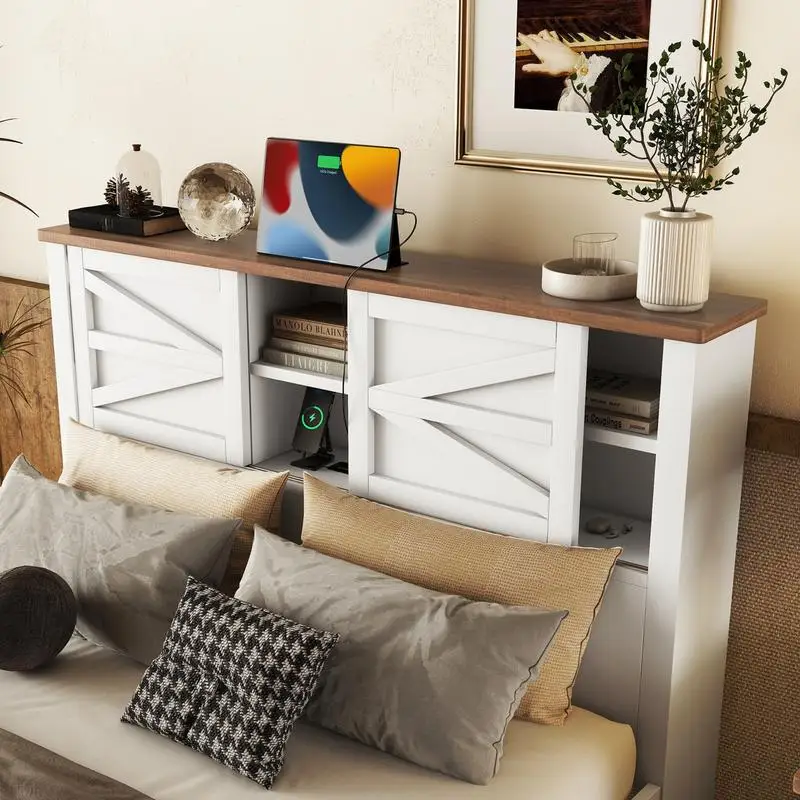 Full-Size 3-Piece Bedroom Set with Farmhouse Platform Bed, Double Sliding Door Storage Headboard, Charging Station, Nightstand,