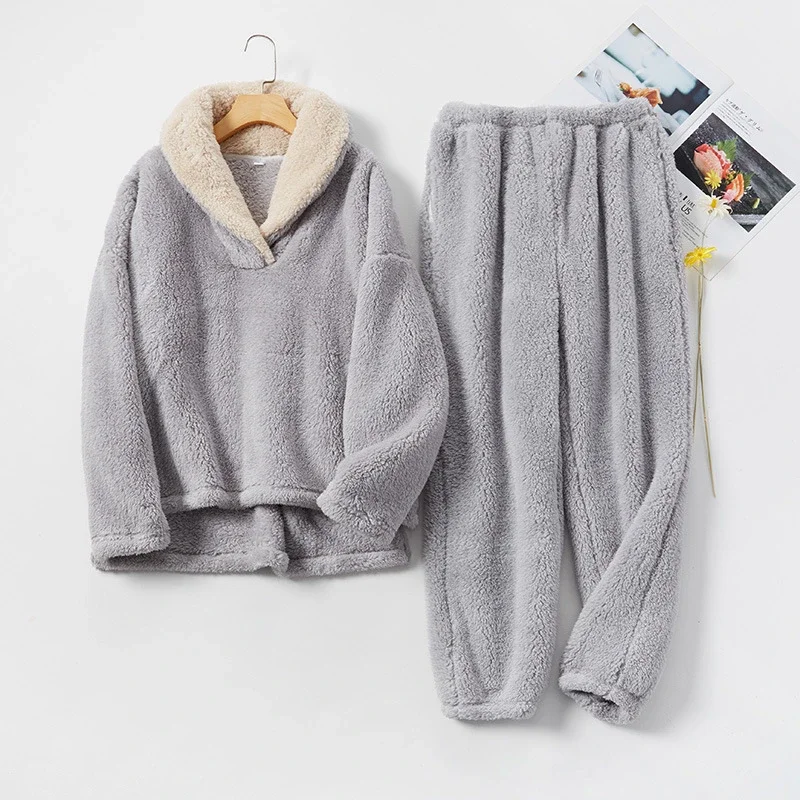 

Winter Women's Fleece Pajama Set Soldi Turn Down Collar Ladies Warm Sleepwear with Pant Flannel Solid Long Sleeve Pijama Female