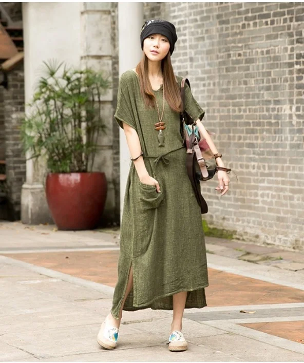 Literary style: fat women summer loose V-neck national style cotton linen short sleeve long skirt temperament dress