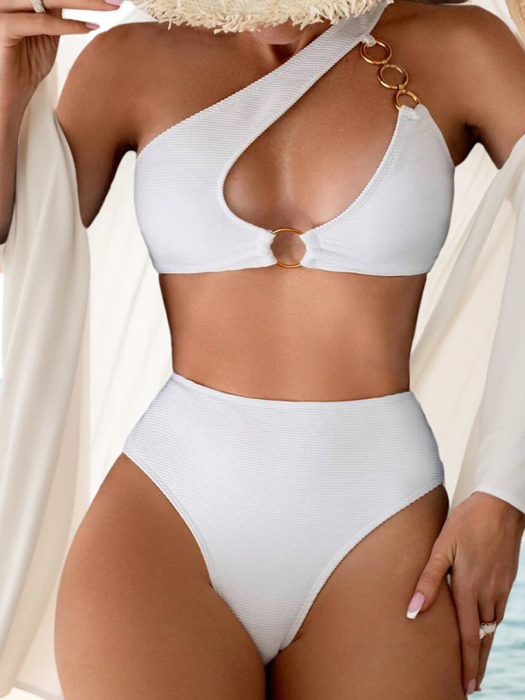 Sexy and fashionable bikini with small stripes and one-shoulder design High-waisted two-piece swimsuit