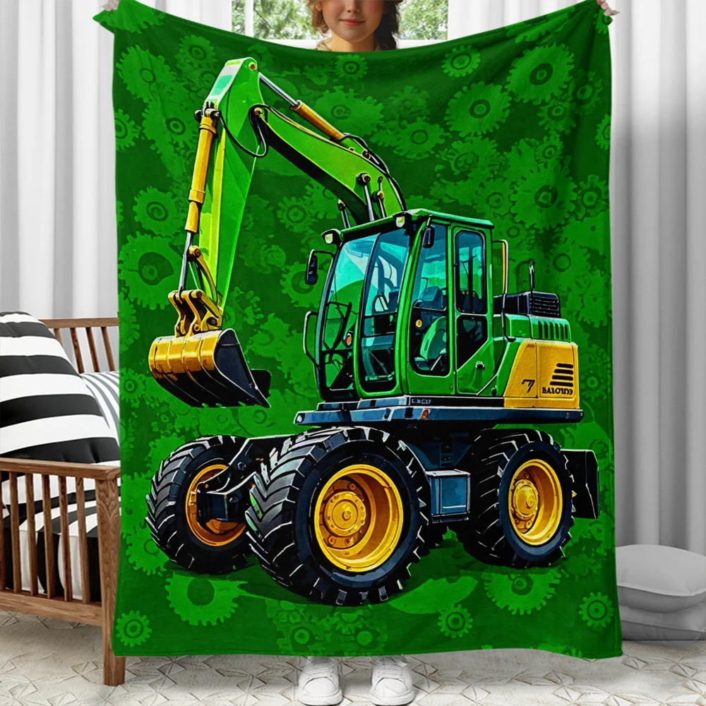 Green excavator construction vehicle cartoon design blanket flannel throw blanket kids bedroom decor engineering toy fans gift