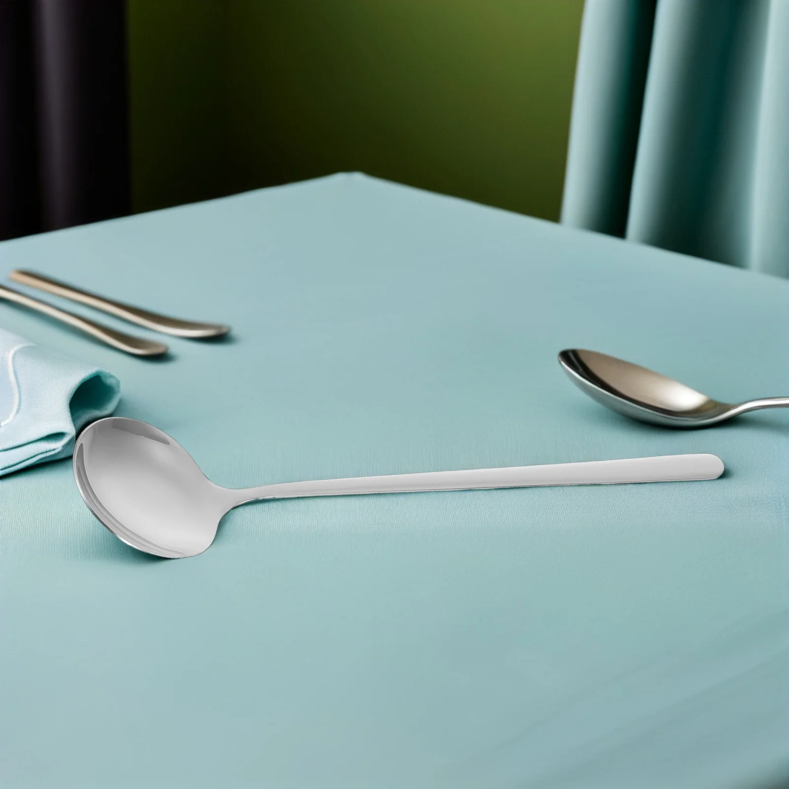 5Pcs Korean Long Handle Stainless Steel Spoon Round Table Spoon Coffee Dessert Ice Cream Soup Flatware Sweet Spoons