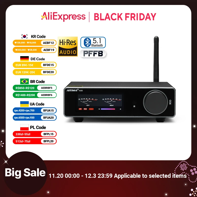 AIYIMA Audio A80 TPA3255 Bluetooth DAC Stereo PFFB Power Amplifier 300Wx2 Class D 2.0 Hi-Res Digital Amp with TRS OPT USB Input