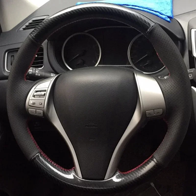 

For Nissan Teana Altima 2013-2016 X-Trail QASHQAI Rogue 2014-2016 Black Genuine Leather Carbon FiberCar Steering Wheel Cover