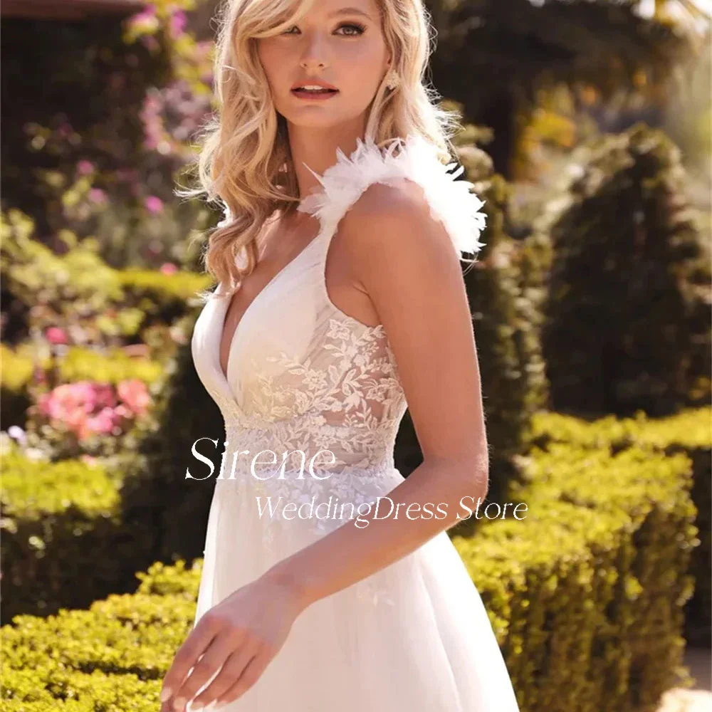 Sirene-Robe de mariée en organza avec appliques en dentelle, robes de mariée sexy, décolleté en V profond, bretelles spaghetti, longueur au sol, dos nu, ligne A, fleurs 3D