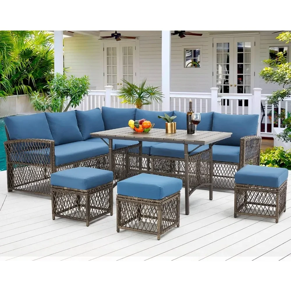 

7 Pieces Outdoor Furniture set, All Weather Wicker Conversation Sets with Ottoman and Diner Table &Chair, Garden Furniture Set