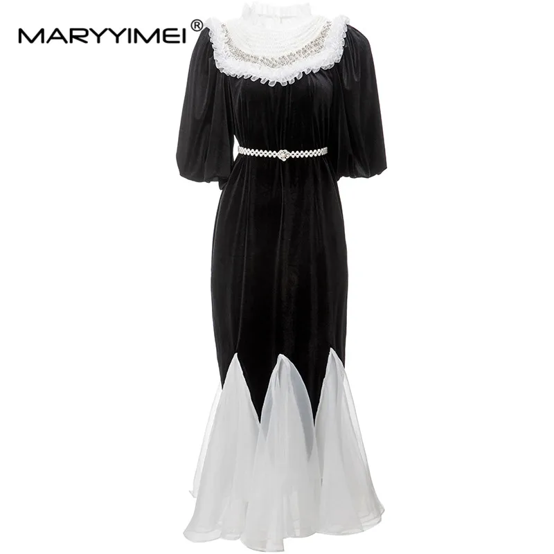 

MARYYIMEI New Fashion Runway Dress Women's Bead Crystal Ruffle Round Collar Short Puff Sleeves With Belt Tulle Patchwork Dress