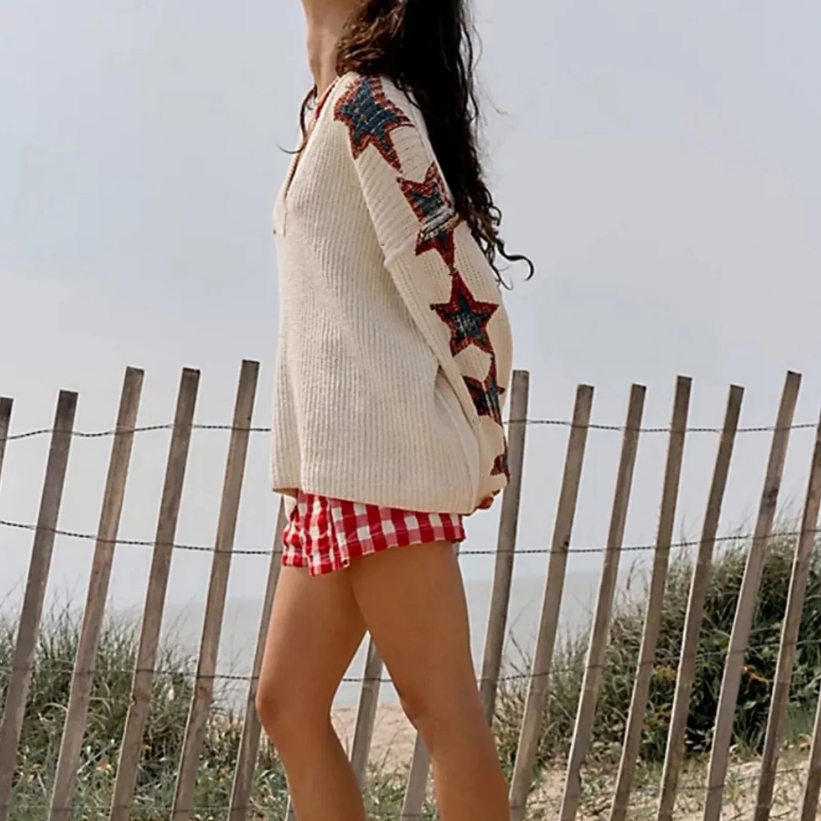 

Повседневные осенне-зимние свитера, шикарные пуловеры с принтом звезд для женщин, джемперы большого размера, свободный вязаный свитер с длинными рукавами и v-образным вырезом