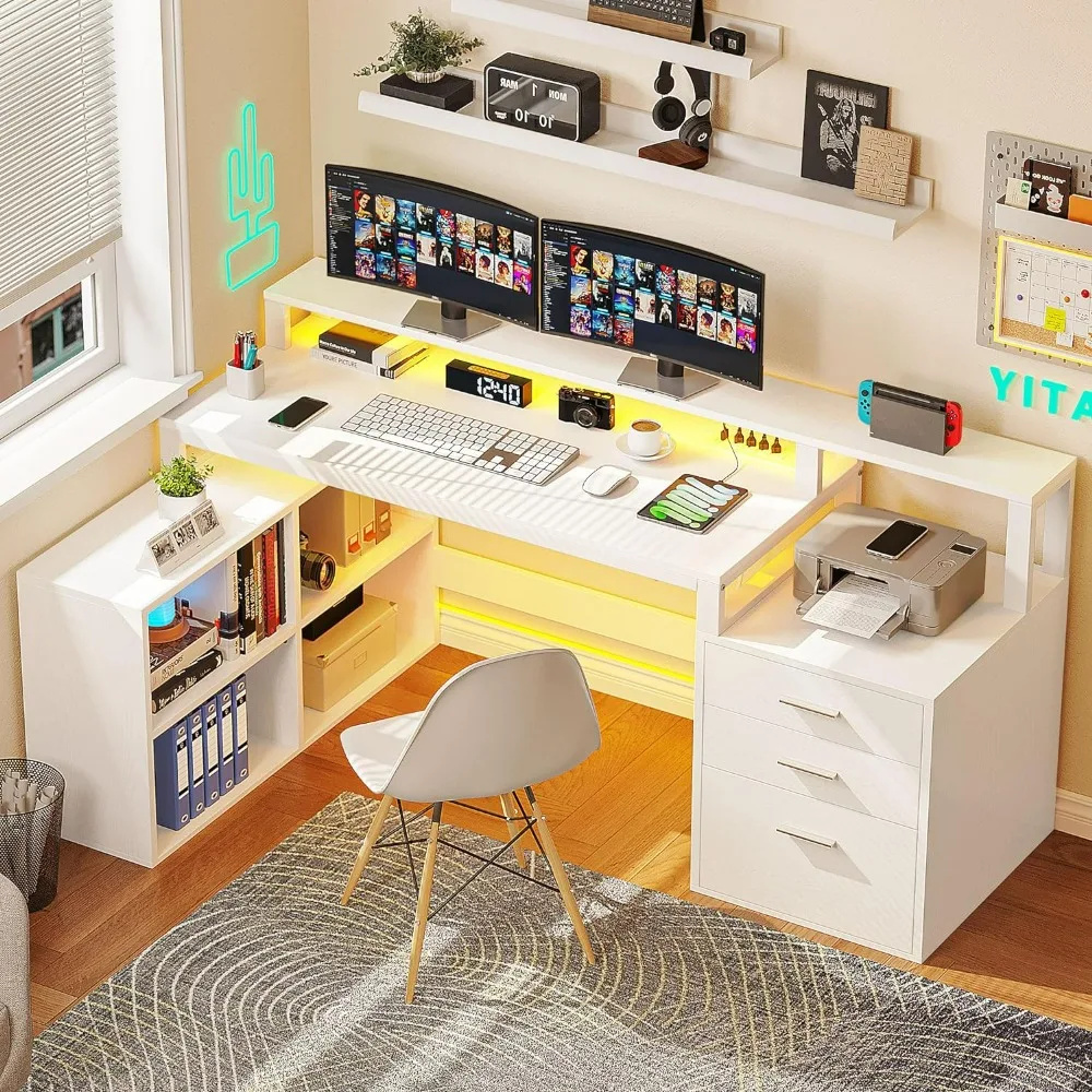 L Shaped Desk with 3 Drawers, 65" Corner Computer Desk with Power Outlets & LED Lights, L-Shaped Desk with File Cabinet