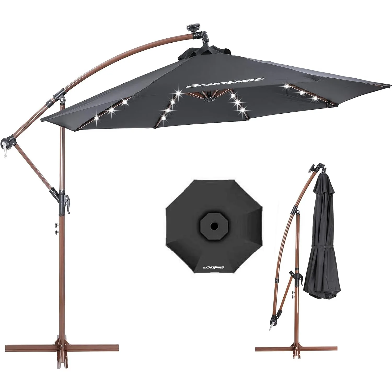 

EchoSmile 10ft Solar Offset Patio Umbrella 8 Ribs 32 Led Lights Cantilever Hanging Outdoor Crank W/easy Tilt Adjustment Black