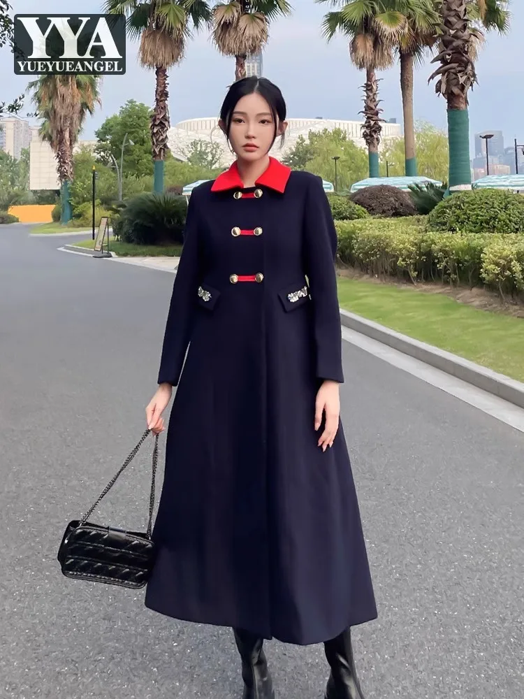 

British Style Office Lady Double Breasted Woolen Blend Coat Autumn Lapel High Waist Fashion Diamonds Elegant Women Long Overcoat