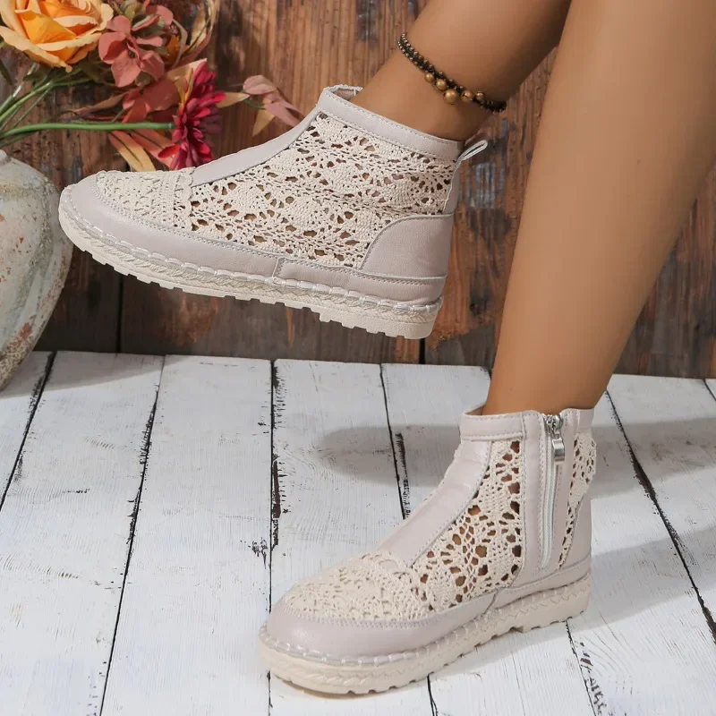 2024Hot Selling Mesh Women\'s Shoes PU Stitching Hollow Low Heel Short Zipper Summer Solid Color Sandals Fashionable Women\'sBoots