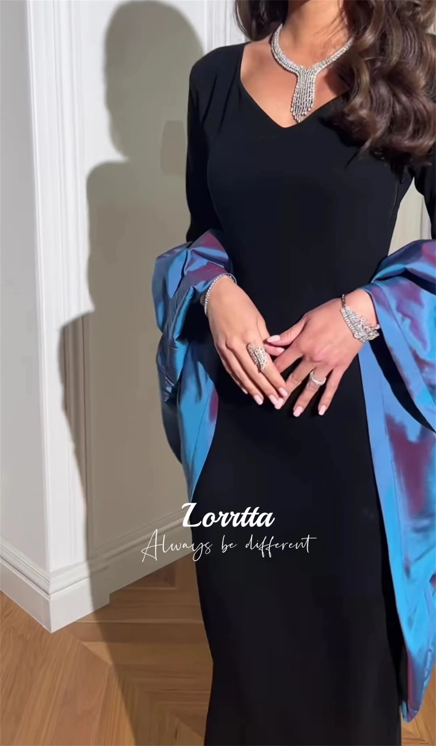 Lorrtta Black V Neck Evening Gown Ankle Length Blue Bell Sleeve Elegant Formal Occasion Dress Customizable Sizes and Colors