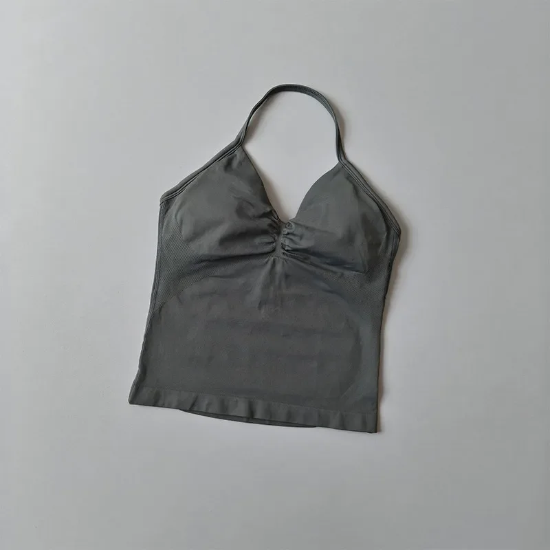 Longline Strappy Seamless Yoga Tank Top Ruched Backless Gym Workout Sleeveless Shirts with Built-In Bra Vest for Women