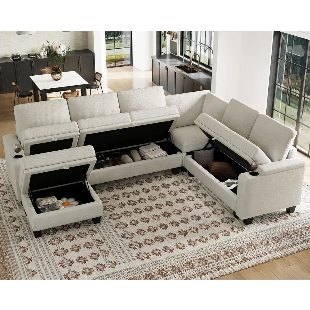 L-shaped segmented sofa with lounge chair. The living room can be converted into a corner segmented sofa. Beige sofa