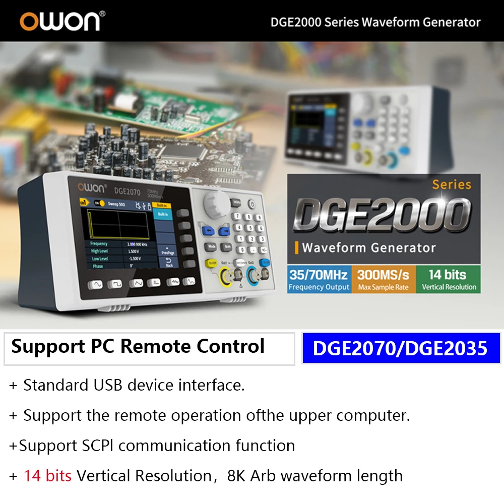 Owon DGE2070/DGE2035 14-Bits 150 Kinds Arbitrary Waveform Generator 2CH 70MHz 300MSa/s USB Digital Oscilloscope Supported SCPI