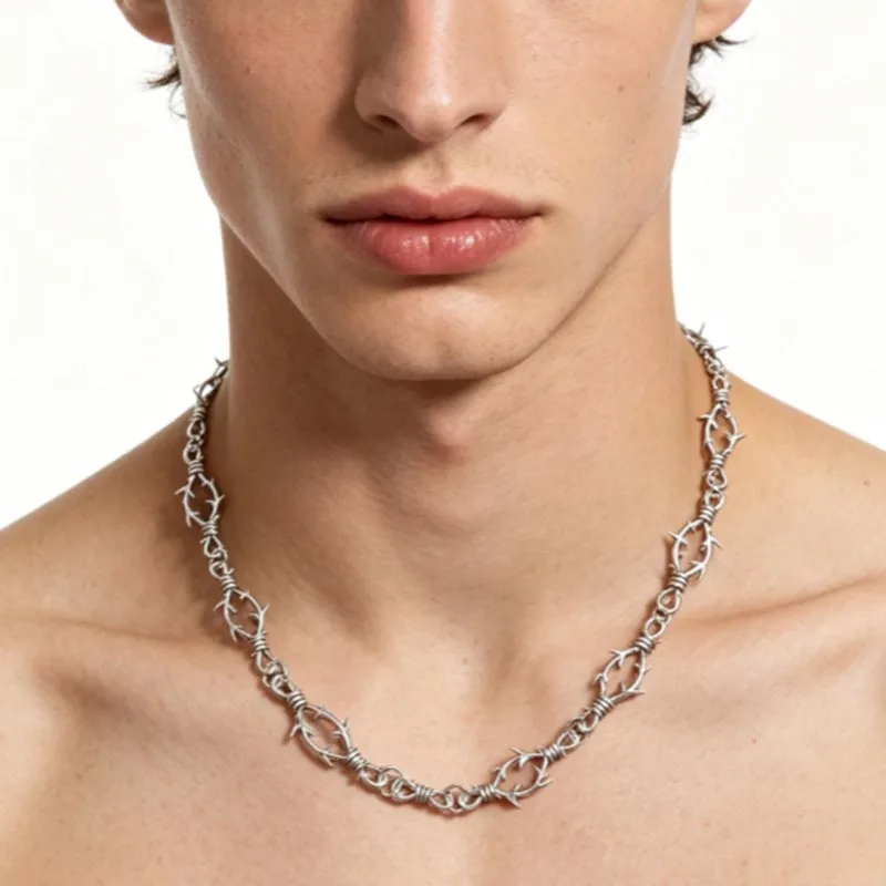 Vintage Barbed Wire Thorn Choker Necklace for Men Y2K Punk Hip Hop Adjustable Clavicle Neck Chain Gothic Streetwear Accessories