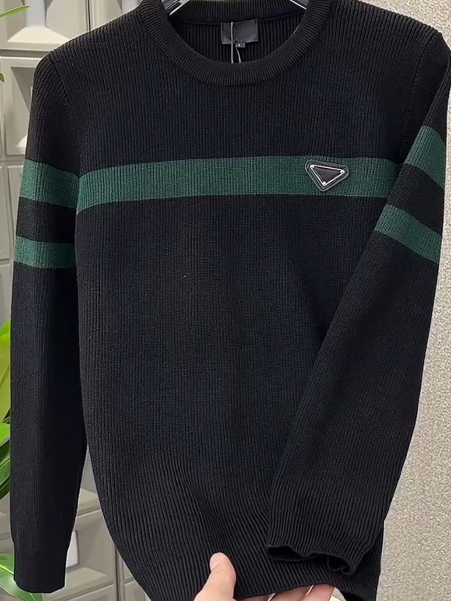 

Мужской модный универсальный свободный удобный классический полосатый вязаный свитер с длинными рукавами и круглым вырезом, коллекция осень-зима