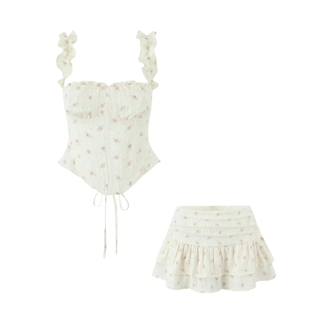 

Women Summer Floral Print Ruffle Strap Back Smocking Crop Top Corset