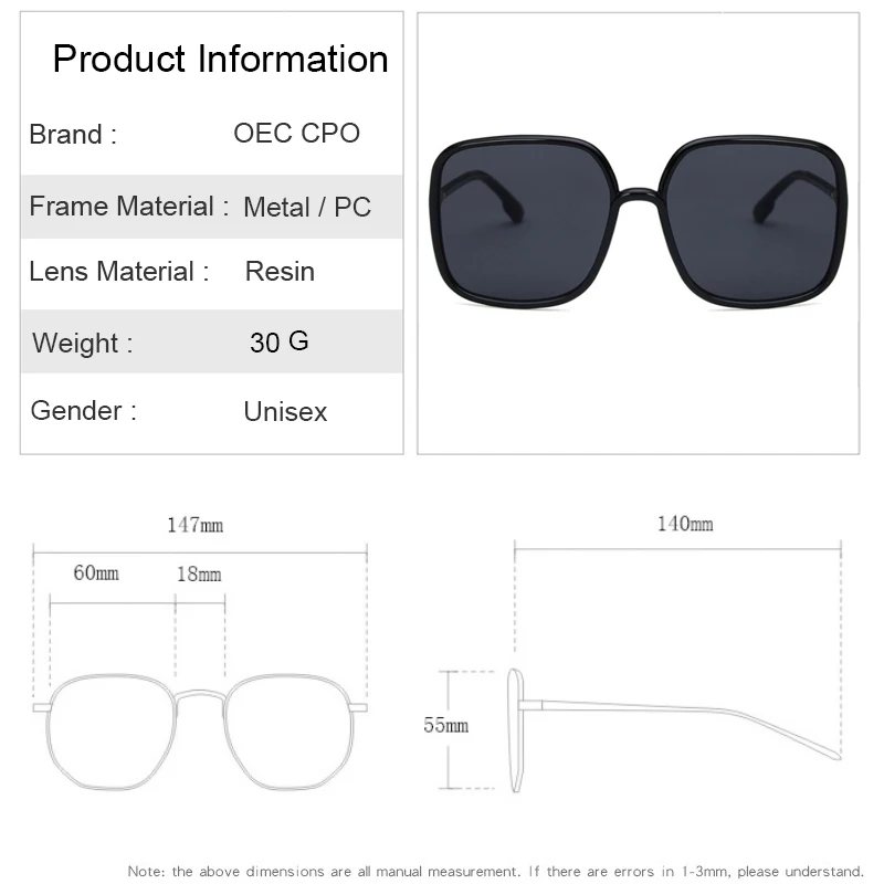 Classic Vintage Sunglasses Women Oversized Square Plastic Frame Luxury Brand Designer Clear Grey Pink Lens Shades Oculos O523