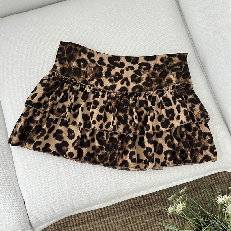Vintage Leopard Mini Skirt Women Summer Hottie Streetwear Sexy Cake Skirts Korean Ruffles A Line Casual Retro Pleated Skirts New