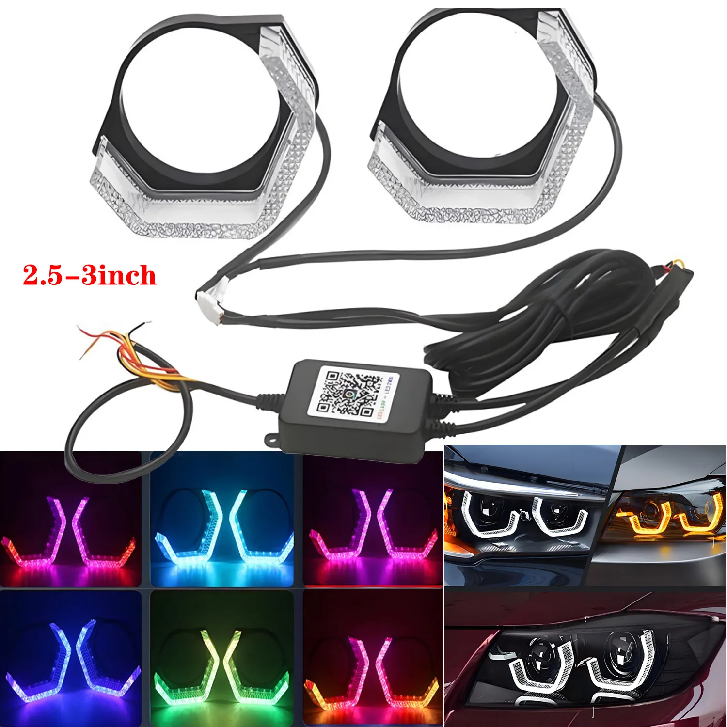 

2 шт. RGB светодиодный кристалл ангельских глаз RGB управление приложениями подходит для BMW декоративный светло-желтый свет указатель поворота 2,5/3 дюйма.