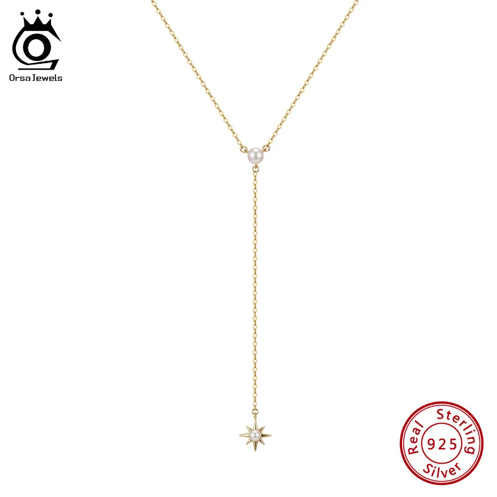 

ORSA JEWELS Flower Long Tassel Necklace Collar 925 Sterling Silver Freshwater Pearl Pendant Chain Necklace For Women Party BQN28
