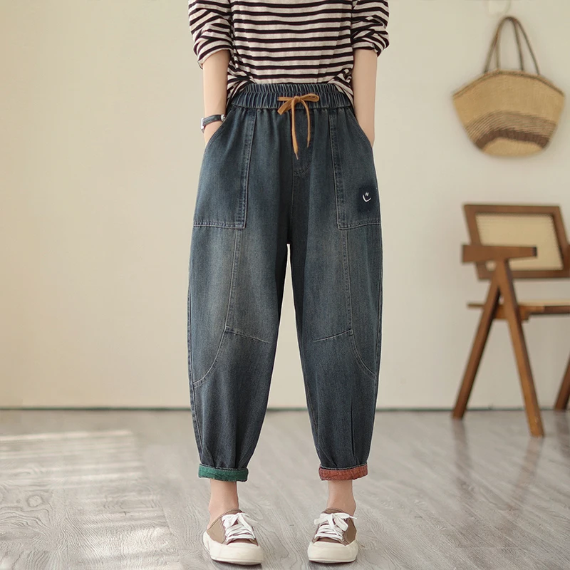 

Literary Vintage Loose Women Jeans Washed Patchwork Distressed Office Lady Harem Pants Fashion Versatile Simple Casual Trousers