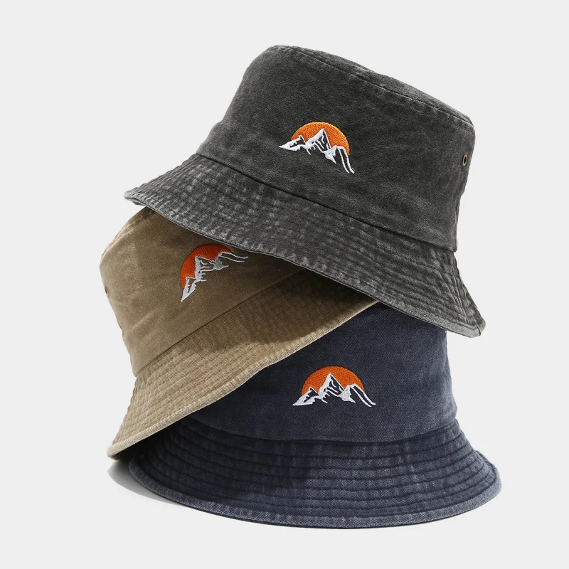 Vintage Washed Mountain Sunset Embroidered Bucket Hat, Casual Outdoor Sun Cap for Men Women