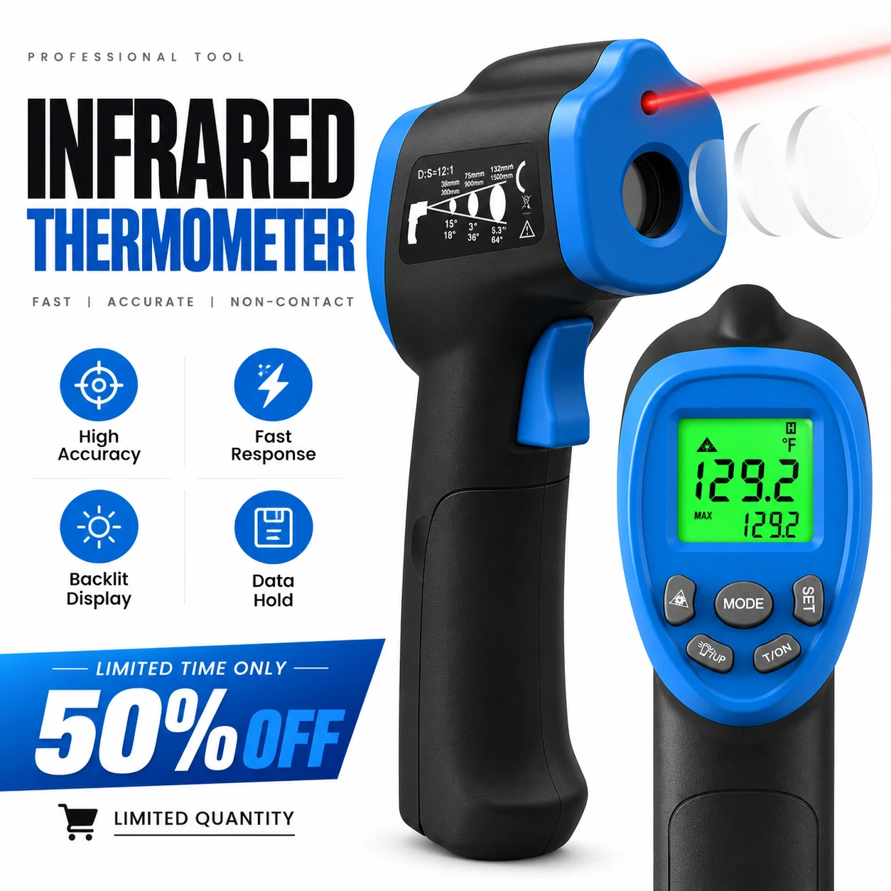 Non-Contact Infrared Thermometer -50°C to 700°C, Digital Laser Temperature Gun 16:1 Temperature Meter for Cooking, Pizza Oven